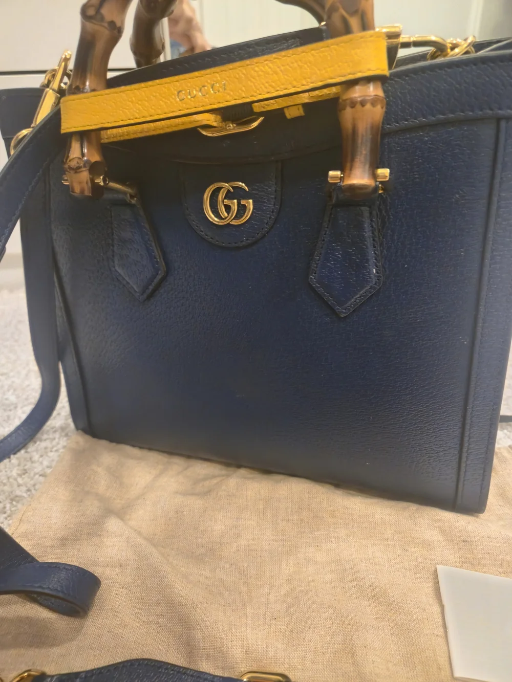 Gucci Navy Leather Bamboo Handle Tote with Yellow Accent